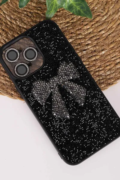 Siyah TeknoCase İPhone 14 Pro Max Uyumlu Nelly Diamond Serisi Taşlı Lens Hediyeli Sert Silikon Telefon Kılıfı 480930