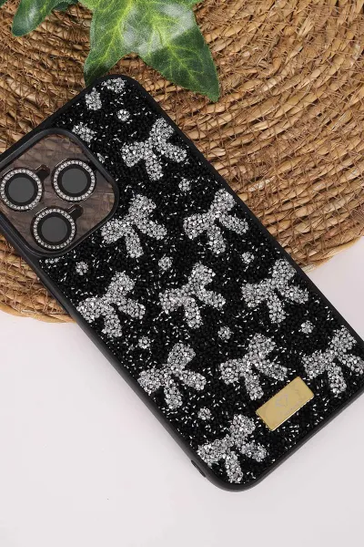 Siyah TeknoCase İPhone 14 Pro Max Uyumlu Perfect Diamond Case Serisi Taşlı Lens Hediyeli Sert Silikon Telefon Kılıfı 480799