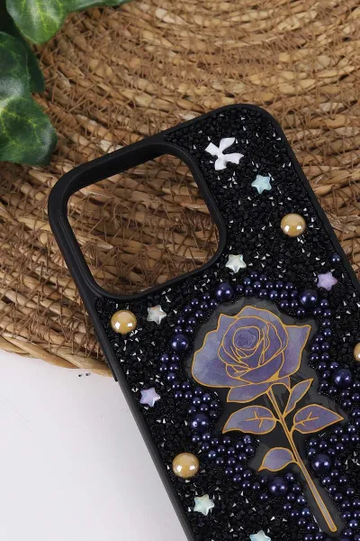 Siyah TeknoCase İPhone 14 Pro Uyumlu Afra Diamond Case Serisi Lens Hediyeli Premium Sert Silikon Telefon Kılıfı 430513