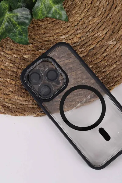 Siyah TeknoCase İPhone 14 Pro Uyumlu Clear Lüx Case Serisi Lens Hediyeli Sert Silikon Telefon Kılıfı 430702
