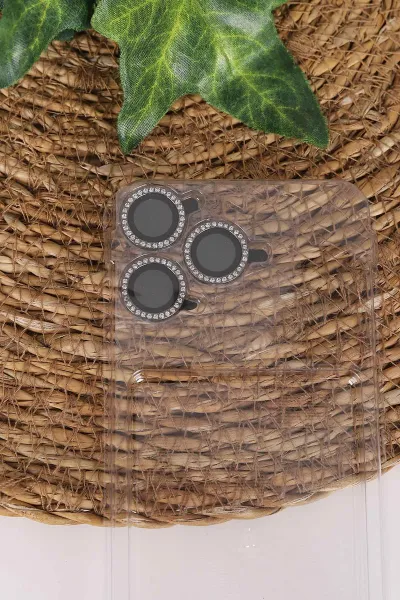Siyah TeknoCase İPhone 14 Pro Uyumlu Perfect Diamond Case Serisi Taşlı Lens Hediyeli Sert Silikon Telefon Kılıfı 480793