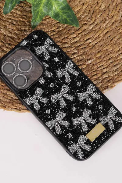 Siyah TeknoCase İPhone 14 Pro Uyumlu Perfect Diamond Case Serisi Taşlı Lens Hediyeli Sert Silikon Telefon Kılıfı 480793