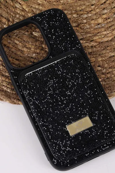 Siyah TeknoCase İPhone 14 Pro Uyumlu Viola Diamond Case Serisi Kartlıklı Lens Hediyeli Sert Silikon Telefon Kılıfı 430801