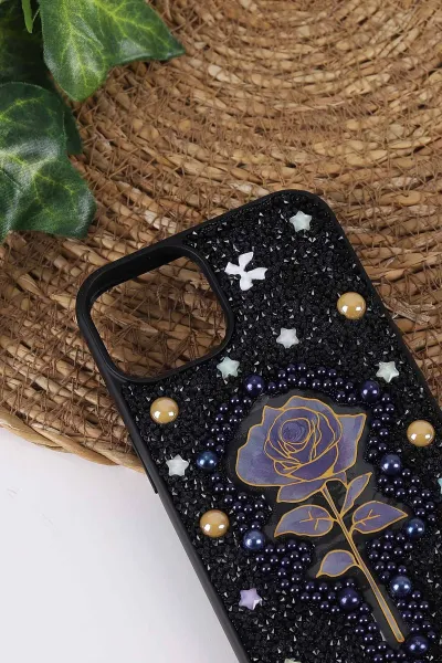 Siyah TeknoCase İPhone 14 Uyumlu Afra Diamond Case Serisi Lens Hediyeli Premium Sert Silikon Telefon Kılıfı 430508
