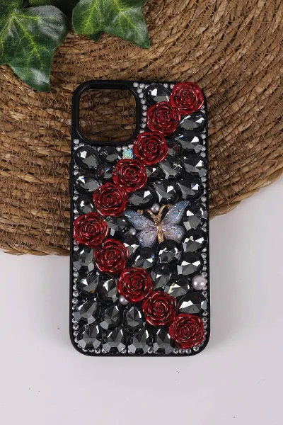 Siyah TeknoCase İPhone 14 Uyumlu Daisy Case Serisi Taşlı Vakumlu Sert Silikon Telefon Kılıfı 431041