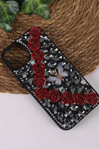 Siyah TeknoCase İPhone 14 Uyumlu Daisy Case Serisi Taşlı Vakumlu Sert Silikon Telefon Kılıfı 431041