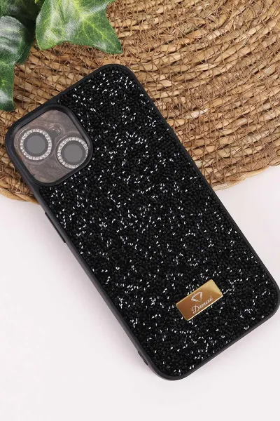 Siyah TeknoCase İPhone 14 Uyumlu Ella Diamond Case Serisi Lens Hediyeli Sert Silikon Telefon Kılıfı 457733