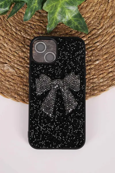 Siyah TeknoCase İPhone 14 Uyumlu Nelly Diamond Serisi Taşlı Lens Hediyeli Sert Silikon Telefon Kılıfı 480926