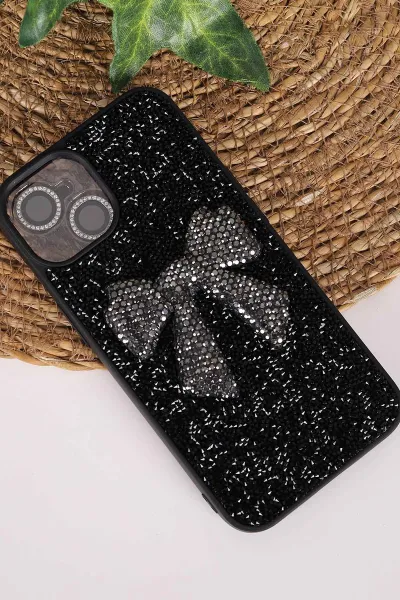 Siyah TeknoCase İPhone 14 Uyumlu Nelly Diamond Serisi Taşlı Lens Hediyeli Sert Silikon Telefon Kılıfı 480926