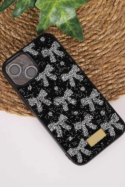 Siyah TeknoCase İPhone 14 Uyumlu Perfect Diamond Case Serisi Taşlı Lens Hediyeli Sert Silikon Telefon Kılıfı 480779