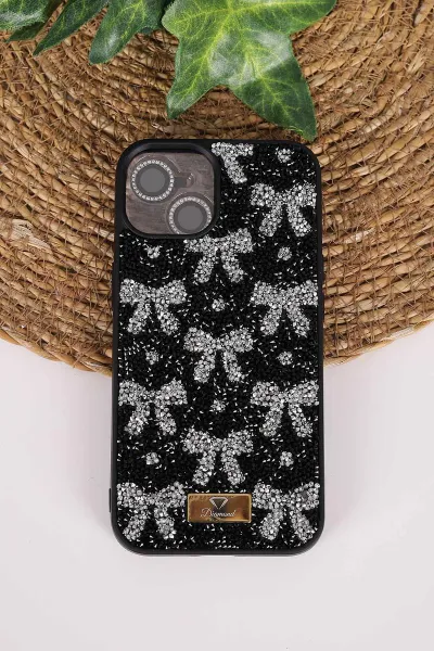 Siyah TeknoCase İPhone 14 Uyumlu Perfect Diamond Case Serisi Taşlı Lens Hediyeli Sert Silikon Telefon Kılıfı 480779
