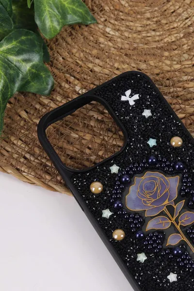Siyah TeknoCase İPhone 15 Pro Max Uyumlu Afra Diamond Case Serisi Lens Hediyeli Premium Sert Silikon Telefon Kılıfı 430535