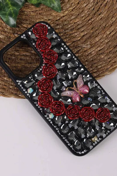 Siyah TeknoCase İPhone 15 Pro Max Uyumlu Daisy Case Serisi Taşlı Vakumlu Sert Silikon Telefon Kılıfı 431077