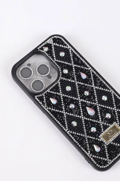 Siyah TeknoCase İPhone 15 Pro Max Uyumlu Dlr Diamond Case Serisi Lens Hediyeli Premium Sert Silikon Telefon Kılıfı 430377