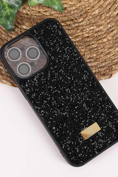 Siyah TeknoCase İPhone 15 Pro Max Uyumlu Ella Diamond Case Serisi Lens Hediyeli Sert Silikon Telefon Kılıfı 457760