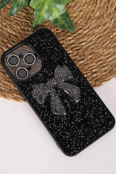 Siyah TeknoCase İPhone 15 Pro Max Uyumlu Nelly Diamond Serisi Taşlı Lens Hediyeli Sert Silikon Telefon Kılıfı 480942
