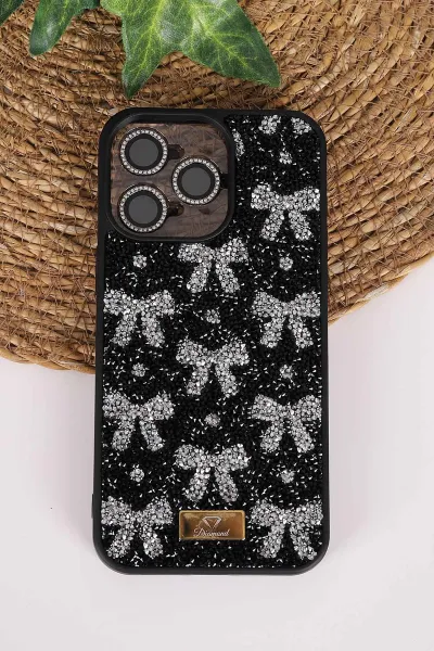 Siyah TeknoCase İPhone 15 Pro Max Uyumlu Perfect Diamond Case Serisi Taşlı Lens Hediyeli Sert Silikon Telefon Kılıfı 480821