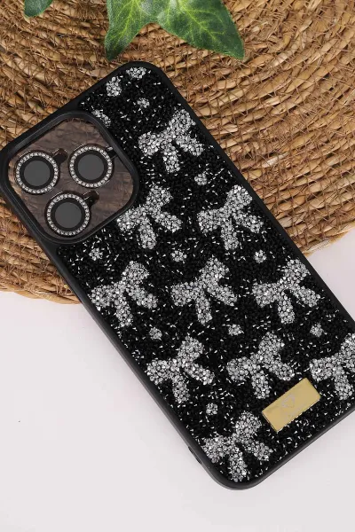 Siyah TeknoCase İPhone 15 Pro Max Uyumlu Perfect Diamond Case Serisi Taşlı Lens Hediyeli Sert Silikon Telefon Kılıfı 480821