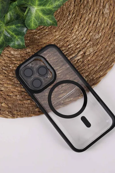 Siyah TeknoCase İPhone 15 Pro Uyumlu Clear Lüx Case Serisi Lens Hediyeli Sert Silikon Telefon Kılıfı 430723