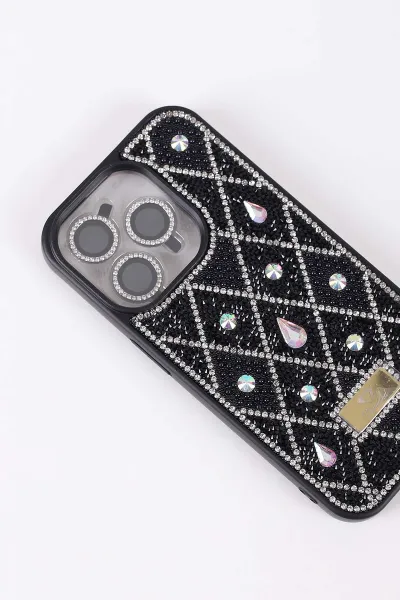 Siyah TeknoCase İPhone 15 Pro Uyumlu Dlr Diamond Case Serisi Lens Hediyeli Premium Sert Silikon Telefon Kılıfı 430373