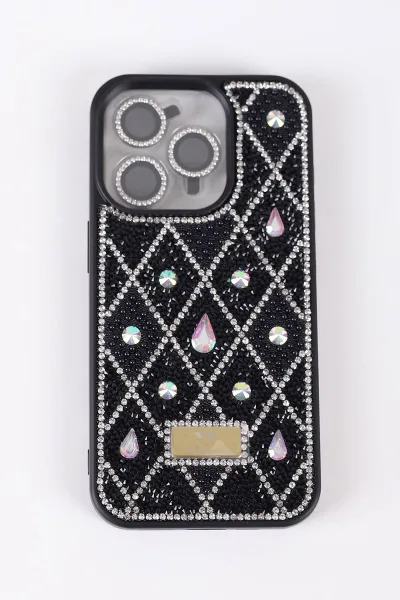 Siyah TeknoCase İPhone 15 Pro Uyumlu Dlr Diamond Case Serisi Lens Hediyeli Premium Sert Silikon Telefon Kılıfı 430373