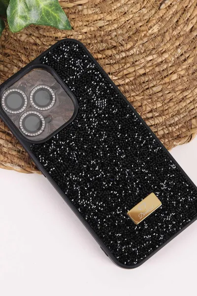 Siyah TeknoCase İPhone 15 Pro Uyumlu Ella Diamond Case Serisi Lens Hediyeli Sert Silikon Telefon Kılıfı 457751