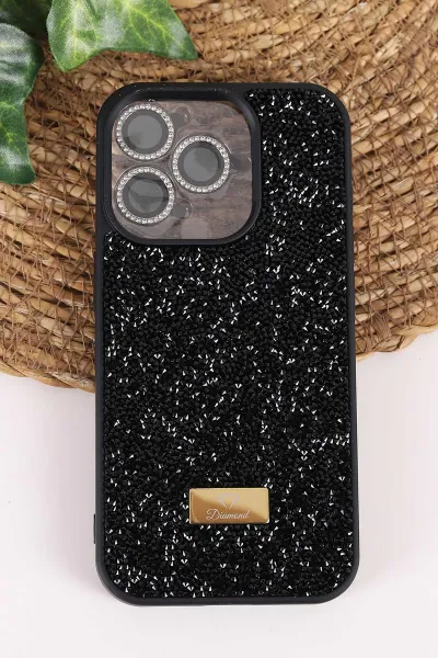 Siyah TeknoCase İPhone 15 Pro Uyumlu Ella Diamond Case Serisi Lens Hediyeli Sert Silikon Telefon Kılıfı 457751