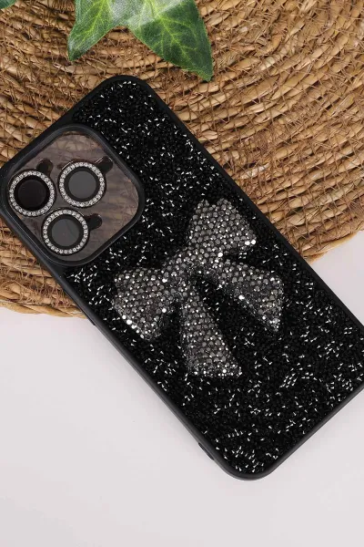 Siyah TeknoCase İPhone 15 Pro Uyumlu Nelly Diamond Serisi Taşlı Lens Hediyeli Sert Silikon Telefon Kılıfı 480938
