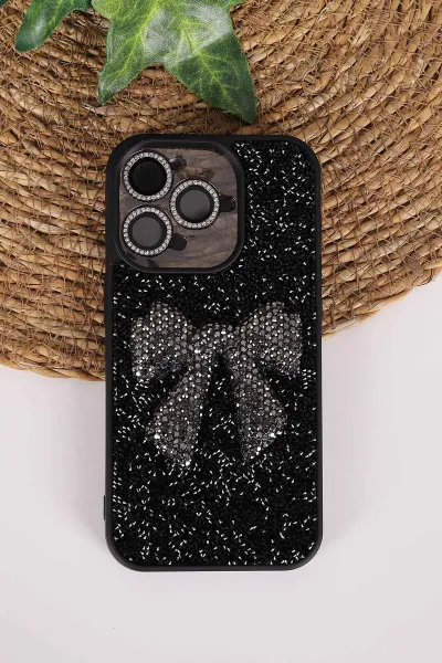 Siyah TeknoCase İPhone 15 Pro Uyumlu Nelly Diamond Serisi Taşlı Lens Hediyeli Sert Silikon Telefon Kılıfı 480938
