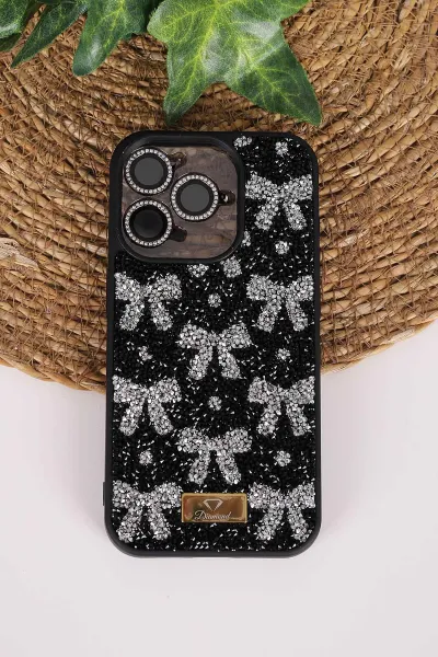 Siyah TeknoCase İPhone 15 Pro Uyumlu Perfect Diamond Case Serisi Taşlı Lens Hediyeli Sert Silikon Telefon Kılıfı 480815