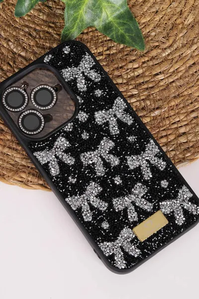 Siyah TeknoCase İPhone 15 Pro Uyumlu Perfect Diamond Case Serisi Taşlı Lens Hediyeli Sert Silikon Telefon Kılıfı 480815