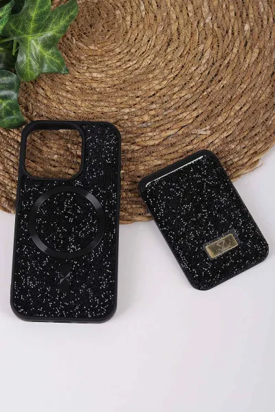 Siyah TeknoCase İPhone 15 Pro Uyumlu Viola Diamond Case Serisi Kartlıklı Lens Hediyeli Sert Silikon Telefon Kılıfı 430822