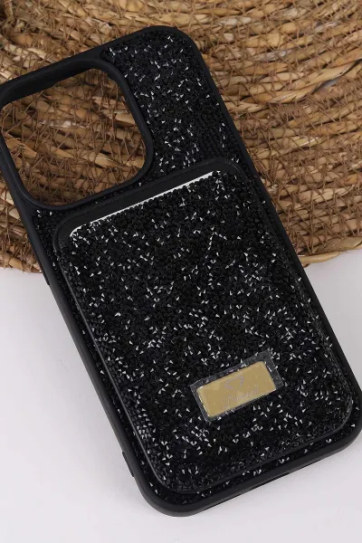 Siyah TeknoCase İPhone 15 Pro Uyumlu Viola Diamond Case Serisi Kartlıklı Lens Hediyeli Sert Silikon Telefon Kılıfı 430822