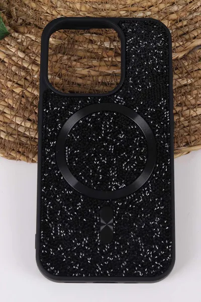 Siyah TeknoCase İPhone 15 Pro Uyumlu Viola Diamond Case Serisi Kartlıklı Lens Hediyeli Sert Silikon Telefon Kılıfı 430822