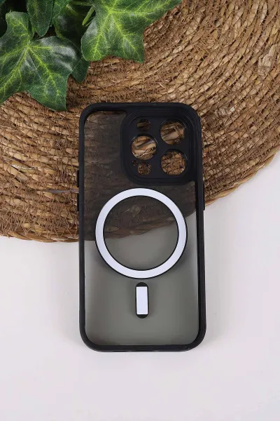 Siyah TeknoCase İPhone 15 Pro Uyumlu Wesley Case Serisi Magsafe Özellikli Transparan Sert Silikon Telefon Kılıfı 430602