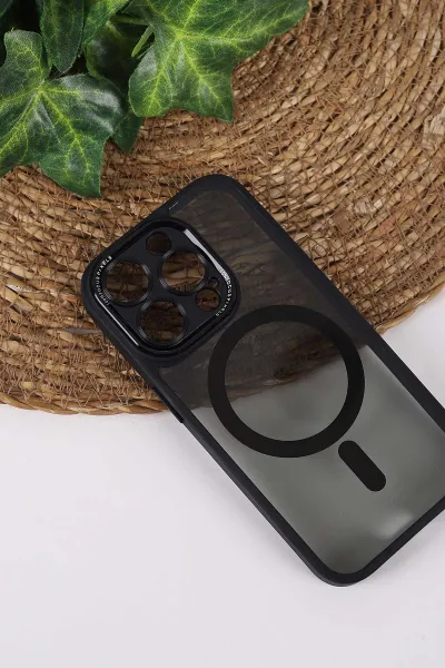 Siyah TeknoCase İPhone 15 Pro Uyumlu Wesley Case Serisi Magsafe Özellikli Transparan Sert Silikon Telefon Kılıfı 430602
