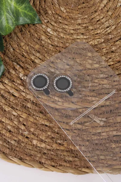 Siyah TeknoCase İPhone 15 Uyumlu Afra Diamond Case Serisi Lens Hediyeli Premium Sert Silikon Telefon Kılıfı 430524