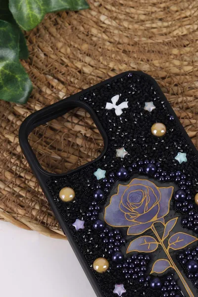 Siyah TeknoCase İPhone 15 Uyumlu Afra Diamond Case Serisi Lens Hediyeli Premium Sert Silikon Telefon Kılıfı 430524