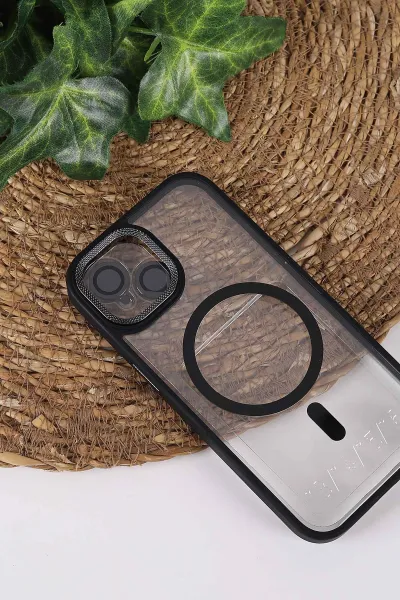 Siyah TeknoCase İPhone 15 Uyumlu Clear Lüx Case Serisi Lens Hediyeli Sert Silikon Telefon Kılıfı 430717