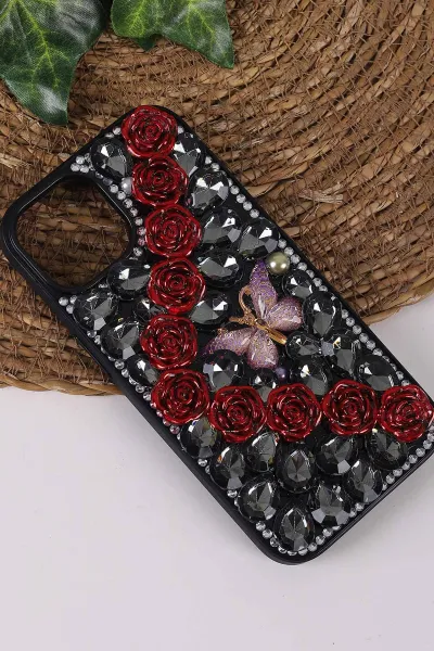 Siyah TeknoCase İPhone 15 Uyumlu Daisy Case Serisi Taşlı Vakumlu Sert Silikon Telefon Kılıfı 431061