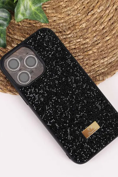 Siyah TeknoCase İPhone 15 Uyumlu Ella Diamond Case Serisi Lens Hediyeli Sert Silikon Telefon Kılıfı 457747