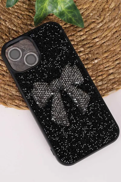 Siyah TeknoCase İPhone 15 Uyumlu Nelly Diamond Serisi Taşlı Lens Hediyeli Sert Silikon Telefon Kılıfı 480934