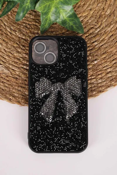 Siyah TeknoCase İPhone 15 Uyumlu Nelly Diamond Serisi Taşlı Lens Hediyeli Sert Silikon Telefon Kılıfı 480934
