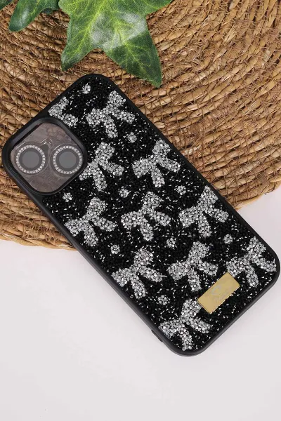 Siyah TeknoCase İPhone 15 Uyumlu Perfect Diamond Case Serisi Taşlı Lens Hediyeli Sert Silikon Telefon Kılıfı 480809