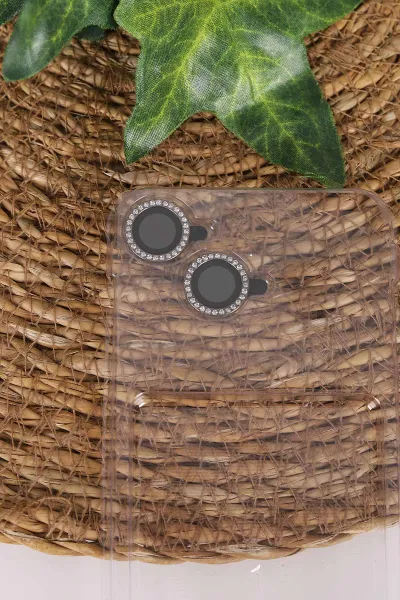 Siyah TeknoCase İPhone 15 Uyumlu Perfect Diamond Case Serisi Taşlı Lens Hediyeli Sert Silikon Telefon Kılıfı 480809