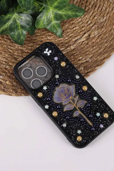 Siyah TeknoCase İPhone 16 Pro Max Uyumlu Afra Diamond Case Serisi Lens Hediyeli Premium Sert Silikon Telefon Kılıfı 430550