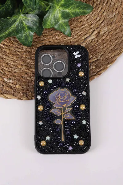 Siyah TeknoCase İPhone 16 Pro Max Uyumlu Afra Diamond Case Serisi Lens Hediyeli Premium Sert Silikon Telefon Kılıfı 430550