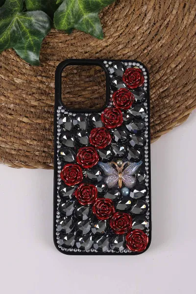 Siyah TeknoCase İPhone 16 Pro Max Uyumlu Daisy Case Serisi Taşlı Vakumlu Sert Silikon Telefon Kılıfı 431095