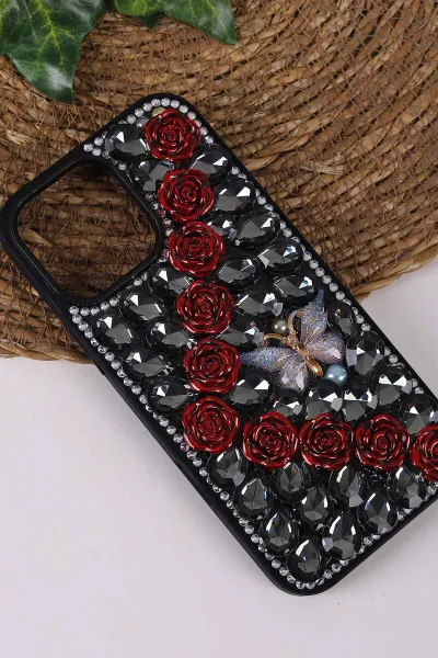 Siyah TeknoCase İPhone 16 Pro Max Uyumlu Daisy Case Serisi Taşlı Vakumlu Sert Silikon Telefon Kılıfı 431095