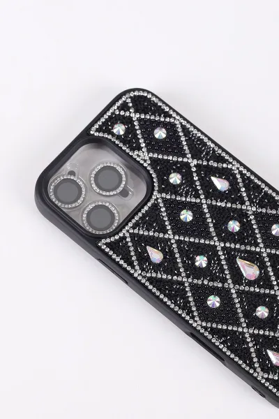 Siyah TeknoCase İPhone 16 Pro Max Uyumlu Dlr Diamond Case Serisi Lens Hediyeli Premium Sert Silikon Telefon Kılıfı 430389